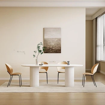 Минималистичная кухонная мебель со стулом В сочетании для гостиной Прямоугольная Простая каменная плита Большой обеденный стол белого цвета на 6 мест