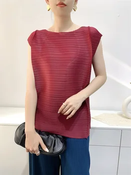 Женская футболка Miyake, лето 2023, плиссированный топ, модные Персонализированные облегающие Эластичные Свободные однотонные рубашки с коротким рукавом для женщин