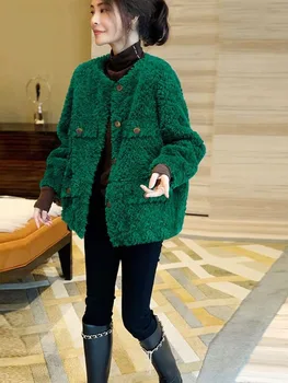 Женская куртка из искусственной шерсти ягненка, короткая, модная в иностранном стиле, топ из толстого плюша, Зеленая, Зимняя, Новинка 2023 года