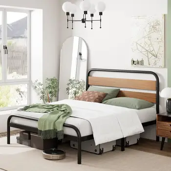 Каркас кровати-платформы большого размера с деревянным изголовьем, сверхпрочная металлическая планка, бесшумный дизайн, пружинный блок не требуется, черный