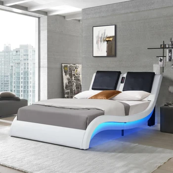 Каркас кровати-платформы, обитый кожей, со светодиодной подсветкой, подключением Bluetooth для воспроизведения музыки/RGB-управлением