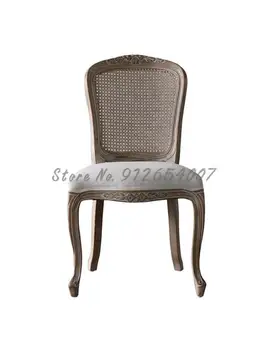 Обеденный стул с резьбой из массива дерева в европейском стиле в стиле ретро, мягкая подушка из кожи, хлопка и льна, резная спинка из ротанга, мягкая подушка из кожи и льна