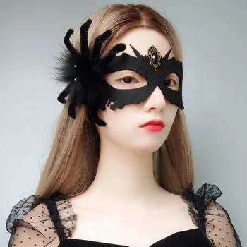 Новая Маскарадная Черная маска на Хэллоуин, украшение в виде паука, Фетровая ткань, Сетка на половину лица, Танцевальная маска для вечеринки, платье, костюм