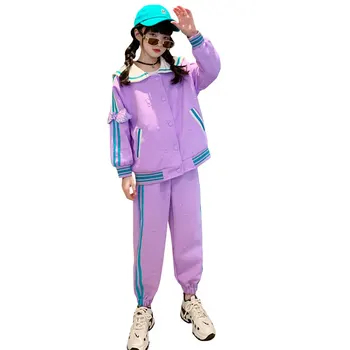 Модные комплекты, весенне-осенний комплект одежды для маленьких девочек 2023 года, элегантные детские бейсбольные костюмы с мультяшным рисунком, Розовый Фиолетовый спортивный костюм