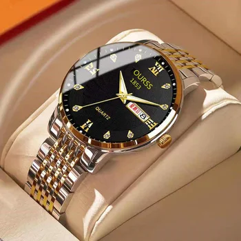 Модные деловые часы для мужчин, лучший бренд, роскошное Золото, Нержавеющая сталь, Водонепроницаемые, со светящейся датой недели, Спортивные кварцевые наручные часы