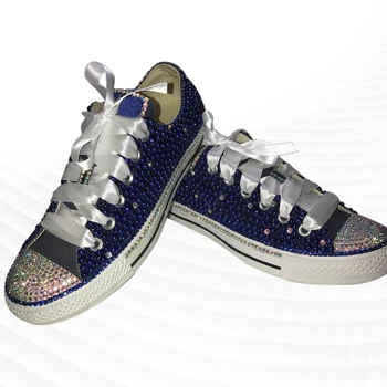 Трендовый дизайн с синим жемчугом и стразами, модная парусиновая обувь на шнуровке с низким верхом, популярные удобные повседневные кроссовки