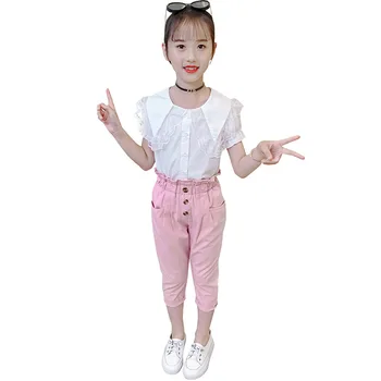 Комплект одежды для девочек, летняя кружевная рубашка с кукольным воротником + брюки, 2 предмета, детский спортивный костюм с коротким рукавом для девочек, детская одежда для подростков