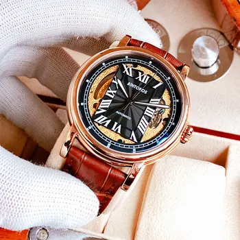 Модные дизайнерские мужские часы, механические автоматические часы для мужчин, прозрачные водонепроницаемые наручные часы, деловые кожаные наручные часы