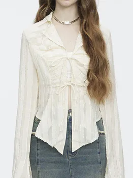 Женская блузка на шнуровке с длинным рукавом 2023, Новая женская рубашка с отложным воротником, Женские топы, шикарные рубашки Корейской моды