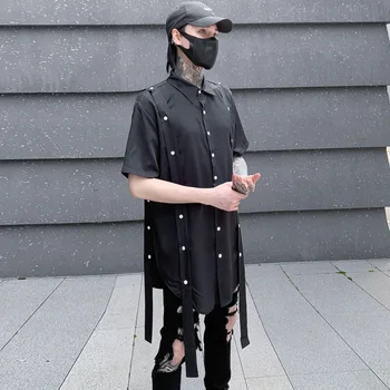 2023 летние рубашки с индивидуальным дизайном в корейском стиле на пуговицах и ленте, мужские повседневные свободные черные рубашки с длинным рукавом для мужчин, размер M-XXL