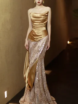 Вечернее платье с золотой трубкой, без бретелек, Темпераментное, в стиле пэчворк, с блестками, свадебное платье в стиле пэчворк, тонкая талия, платья для выпускного вечера.