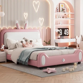 Кровать с Милым Дизайном в виде Кролика, Полноразмерная Мягкая Кровать Принцессы в Форме Кролика, Кровать-платформа с изголовьем и Изножьем, детская кровать