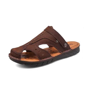 Классические летние мужские сандалии из натуральной кожи, Мягкая Дышащая обувь, Дизайнерские пляжные Римские брендовые сандалии, Кожаные мужские сандалии-слайды