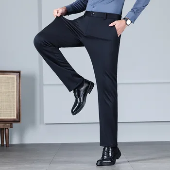 Высокоэластичные деловые Офисные прямые Мужские повседневные брюки Классические Черные Синие брюки с матовой подкладкой на осень зиму с высокой талией