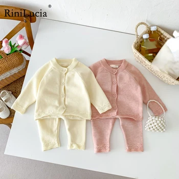 RiniLucia Sweet/ Комплект одежды для новорожденных девочек, однотонный кардиган с длинными рукавами, топы, брюки, вязаный костюм из 2 предметов, осенняя одежда для младенцев 2023 года.