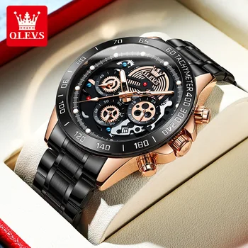 Мужские кварцевые часы OLEVS высокого качества, водонепроницаемые, со светящимся хронографом, мужские наручные часы из нержавеющей стали, мужские часы с черным циферблатом