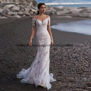 Пляжное свадебное платье из тюля с длинными рукавами 