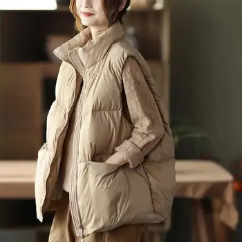 Женский Корейский стиль, однотонный зимний жилет без рукавов, сохраняющий тепло, пальто, Однобортный женский Свободный Толстый модный жилет, Новинка 2023 года