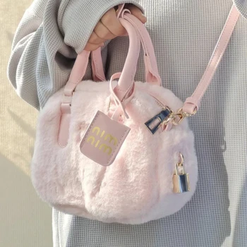 2023 Розовая сумка-мессенджер, милые женские сумки, модная повседневная меховая японская хлопковая сумка Kawaii через плечо
