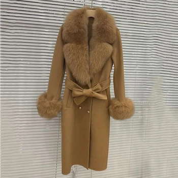 2023 Длинное женское пальто из смеси шерсти и кашемира с большим воротником из натурального лисьего меха, модная зимняя куртка, двубортный пояс, верхняя одежда с манжетами