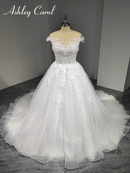 Бальное платье Эшли Кэрол, Свадебное платье 2023 с открытыми плечами, Расшитое бисером, Кружевное Свадебное платье с блестящим Длинным шлейфом, Vestidos De Novia