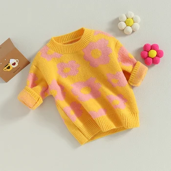 Осенне-зимний свитер для маленьких девочек и мальчиков, вязаная одежда для малышей, толстовка с круглым вырезом и цветочным принтом, топы с длинными рукавами, пуловеры для детей