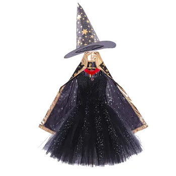 Косплей-костюм ведьмы для ролевых игр на Хэллоуин Для малышей, Комплекты для девочек, Тюлевое платье-пачка + Плащ + Шляпа, Карнавальная вечеринка, маскарадные костюмы