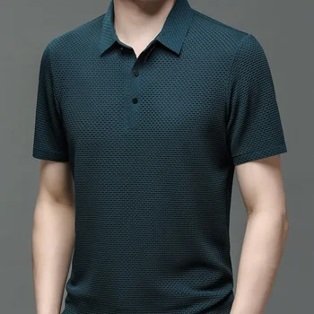 2023 Летняя Новая Мужская Облегающая Рубашка-поло С короткими рукавами Из Ледяного Шелка, Дышащая Деловая Модная Футболка, Мужская Брендовая Одежда
