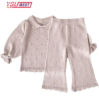Костюм для вязания одежды для маленьких девочек, зимняя детская одежда, вязаный пуловер + брюки-клеш, комплект детской одежды, открытые свитера, костюмы