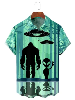 Гавайская рубашка для мужчин, летняя бамбуковая мужская рубашка Aloha с принтом инопланетного космического корабля Bigfoot и карманами
