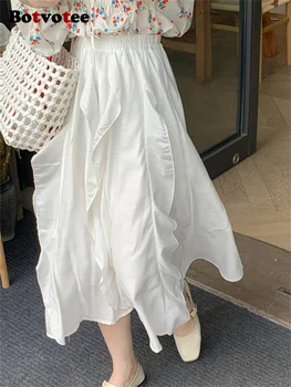 Женская юбка Botwotee 2023, летняя модная Белая офисная женская юбка, Винтажная эластичная Трапециевидная юбка с высокой талией и рюшами по щиколотку