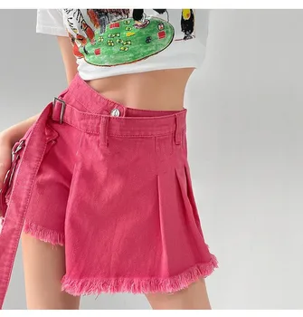 2023 Розовый Женский в корейском стиле, нерегулярные поддельные юбки из двух джинсов, Джинсовые короткие штаны Feminino S-XXL