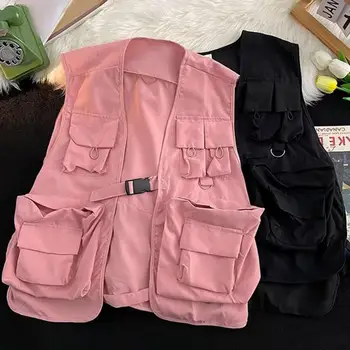 Женские жилеты Harajuku, Мужские жилеты-карго с несколькими карманами, универсальные куртки с застежкой на пряжку в стиле хип-хоп, жилеты, Шикарное жилетное пальто