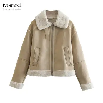 Двусторонняя укороченная куртка Ivogarel Женская куртка из ткани с подкладкой из искусственной овчины, воротником-лацканом с вкладками и ремешком