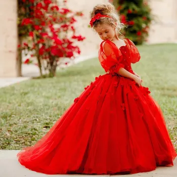 Красное платье в цветочек для девочек с пышными рукавами, свадебное платье принцессы для девочек, вечернее платье с длинными аппликациями для малышей
