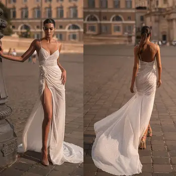 Простое свадебное платье русалки из кружева Спагетти с разрезом по бокам, расшитое блестками, Свадебные платья в арабском стиле 