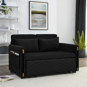 54-дюймовый современный раскладной диван-кровать с 2 съемными карманами для рук, бархатный диван Loveseat с выдвижной кроватью, черный