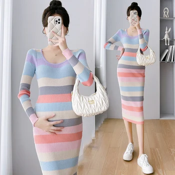 Y54304 # Платье для беременных, облегающее платье, Стрейчевое Женское платье в Корейском стиле в полоску, вязаное платье для беременных, Женская одежда для беременных