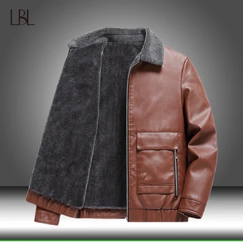 Мужская зимняя кожаная куртка с отложным воротником, теплая мужская мотоциклетная куртка из искусственной кожи, мужское ветрозащитное деловое повседневное пальто
