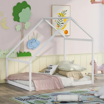 Белая полноразмерная деревянная кровать-домик, легко монтируемая для мебели для спальни в помещении
