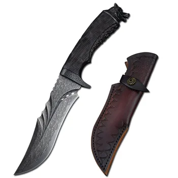 Прямой нож из дамасской стали VG10 в кожаных ножнах для кемпинга, охоты, защиты от волка, ножи с фиксированным лезвием для мужчин