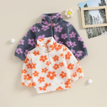 Детская Плюшевая куртка для маленьких девочек, пуловер с длинными рукавами на молнии с цветочным принтом, зимнее пальто для новорожденных, весенне-осенняя верхняя одежда