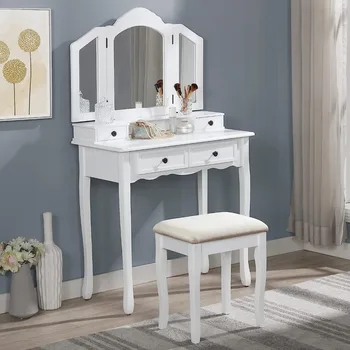 Деревянный туалетный столик Roundhill Furniture Sanlo | Набор для макияжа и табуретов | Белый/Серебристый/Розово-золотой туалетный столик