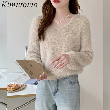 Kimutomo Нежный Свободный однотонный Пушистый вязаный пуловер, Женский элегантный V-образный вырез с длинными рукавами, простой универсальный свитер Ins Tide New