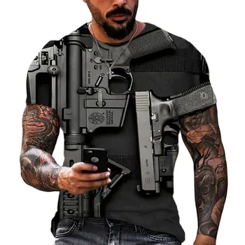 Футболка для мужчин, футболки с 3D пистолетом, уличная одежда с забавным принтом, футболка с пистолетом, Модные повседневные топы в стиле панк-пистолет с коротким рукавом, футболки 6XL