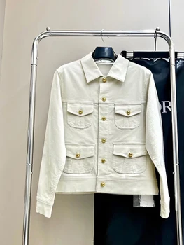 Модная высококачественная вельветовая куртка из Экрю с множеством карманов 2023 года, винтажное однобортное пальто с металлическими пуговицами с лацканами, Леди