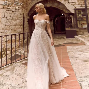 Женское свадебное платье трапециевидной формы в стиле бохо с открытыми плечами, пляжные халаты для невесты, кружевное свадебное платье с аппликацией, Vestidos De Novia