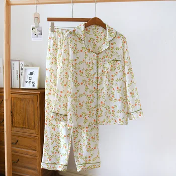 Женский хлопковый пижамный комплект, брюки с длинным рукавом, пижамы свободного кроя, домашняя одежда из двух предметов, одежда для отдыха в деревенском цветочном стиле
