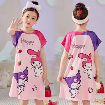 Sanrio Пижама Hellokitty Cinnamoroll Kuromi Детская Ночная рубашка Kawaii Летняя Ночная Рубашка с короткими рукавами и героями Мультфильмов, Домашняя одежда