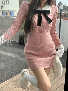 Вязаный свитер Kawaii Knit Розовое Мини-платье школьницы в японском стиле с милыми короткими платьями-поло Bodycon 2023